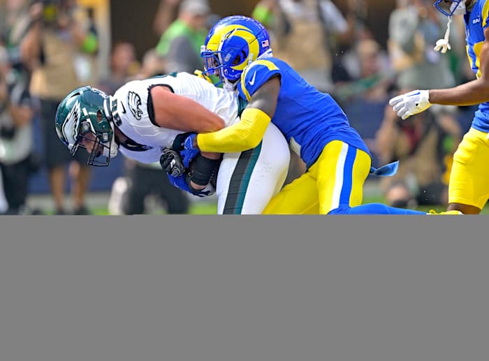 Oct 8, 2023; Inglewood, California, USA; Philadelphia Eagles tight end Dallas Goedert (88) drags Los Angeles Rams safety Russ Yeast (2) into the end zone for a touchdown in the first half at SoFi Stadium.